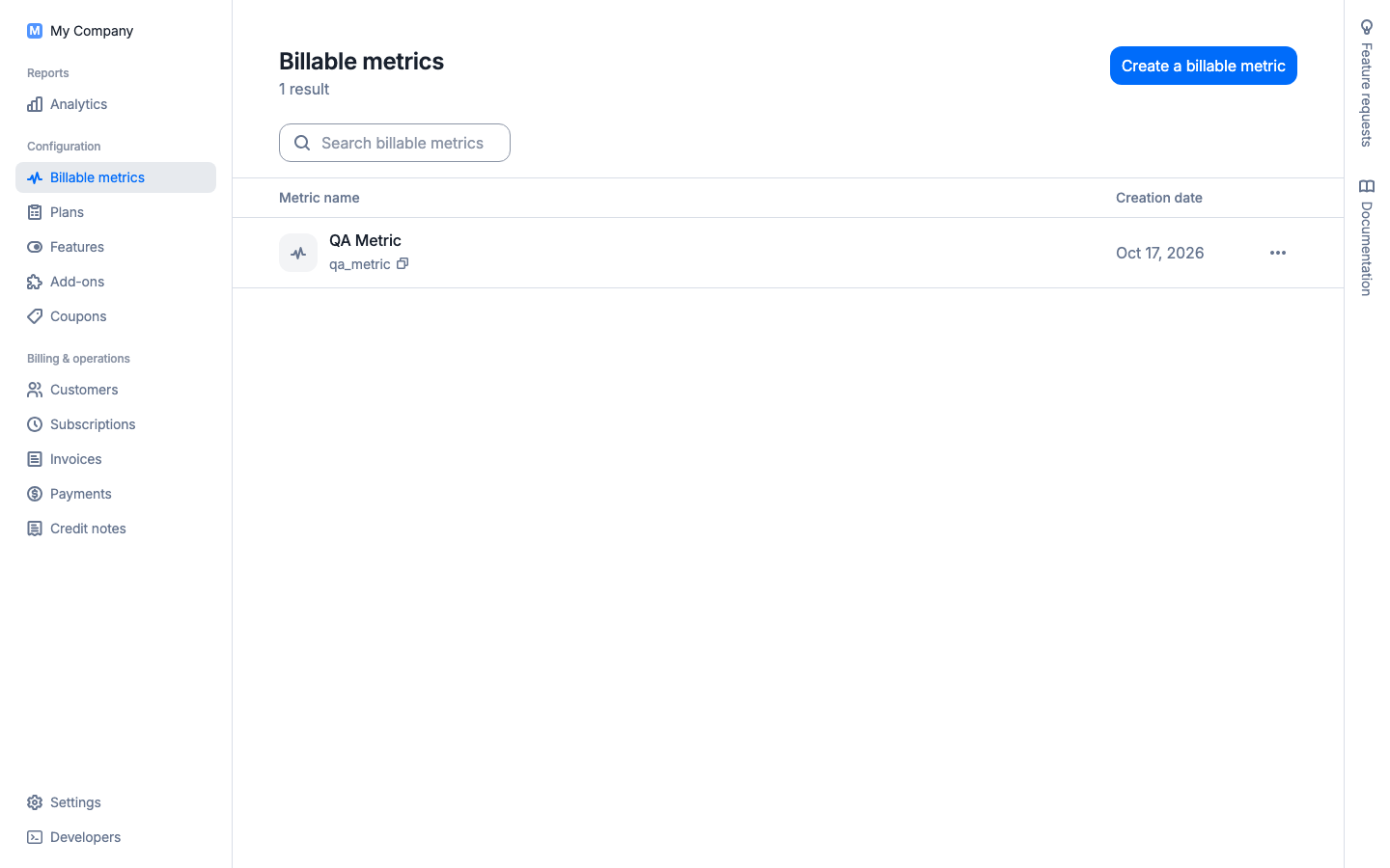 A billable metric created through the Lago API and shown in the dashboard