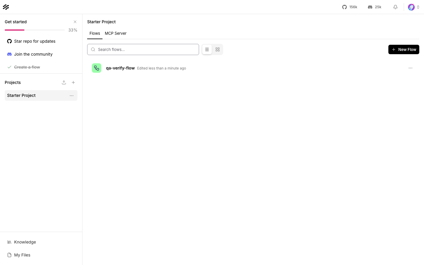 The Langflow interface after signing in as the admin user on a self-hosted install