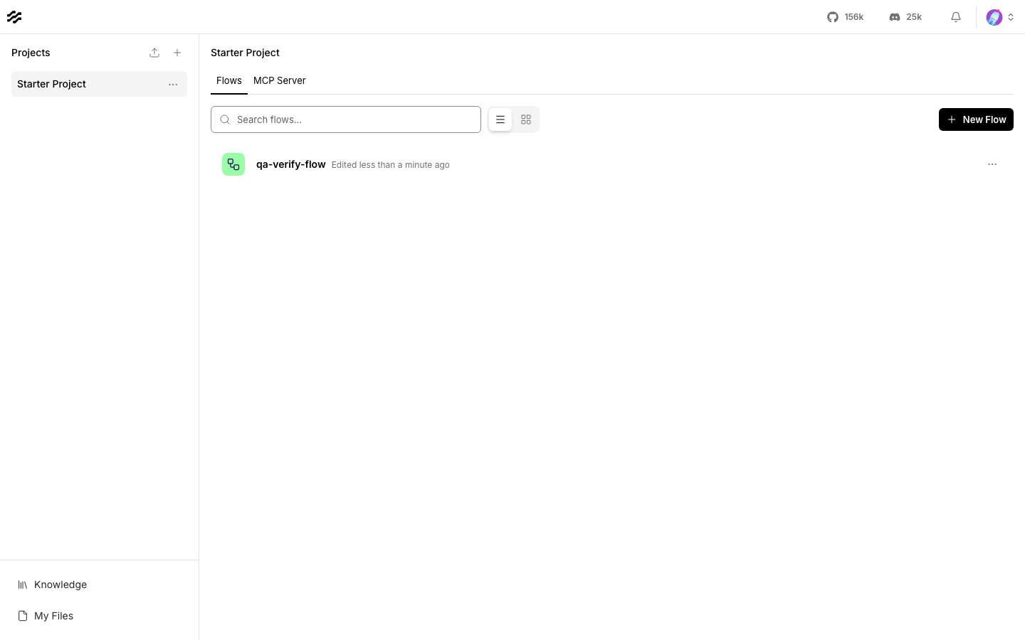 A newly created flow listed in the Langflow projects view