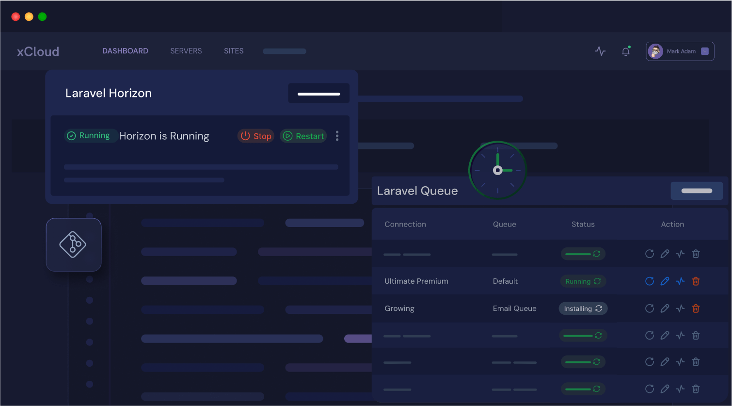 Laravel Horizon running in the xCloud dashboard beside the Laravel Queue table
