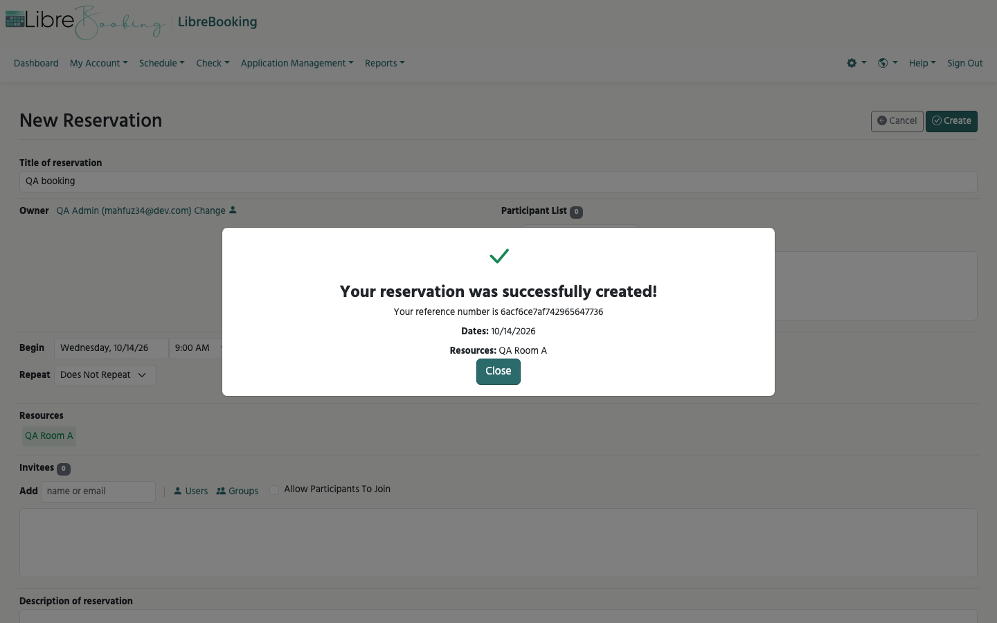 LibreBooking confirming that a reservation was successfully created