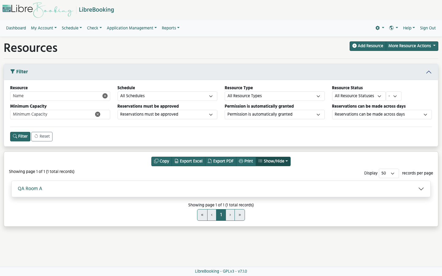 LibreBooking Resources page with filters and an Add Resource button