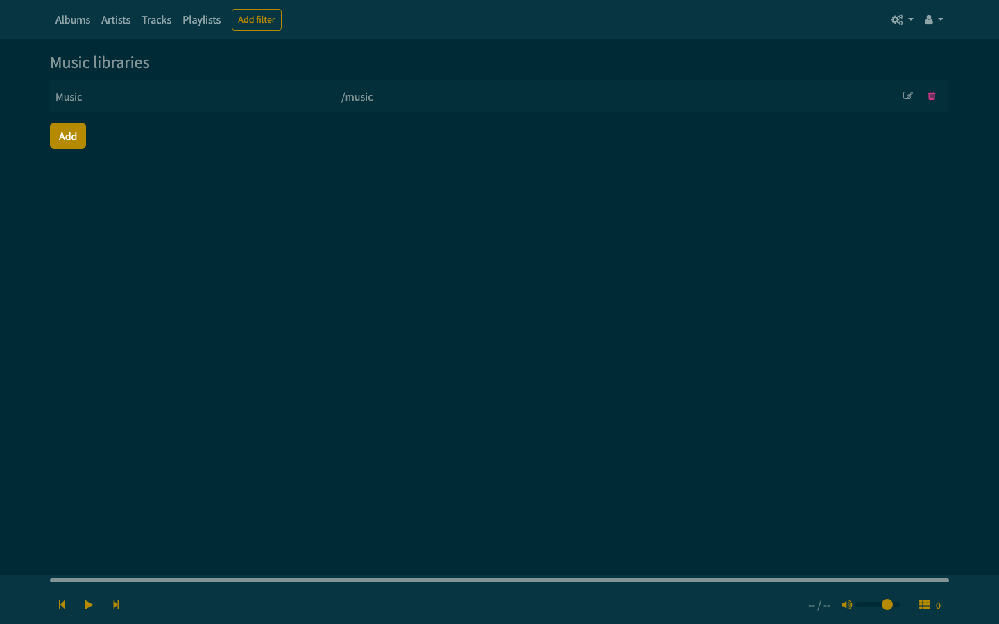 Lightweight Music Server media libraries page with the /music library added