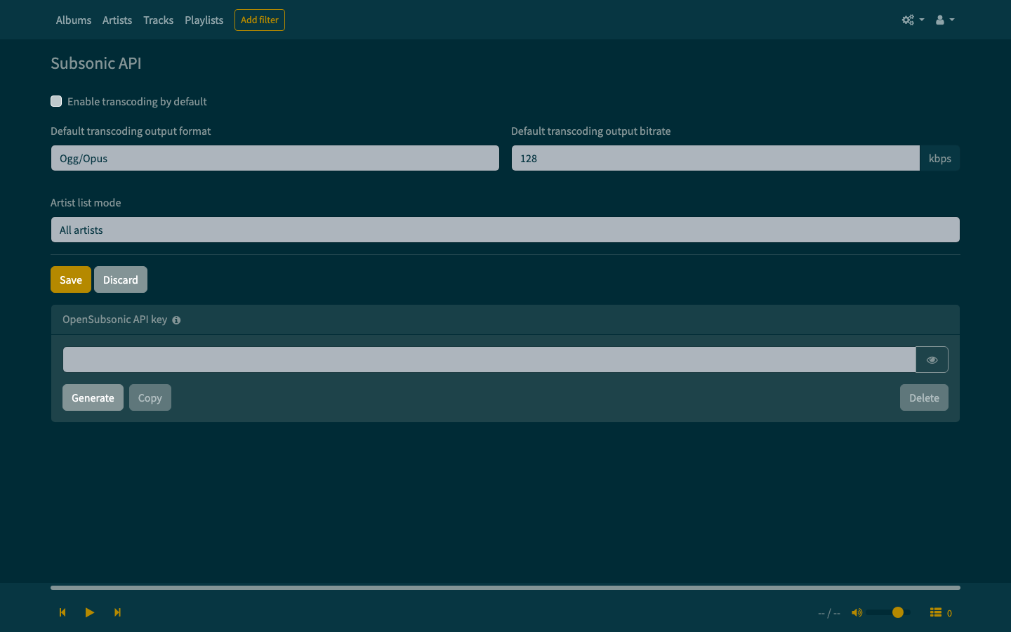 Lightweight Music Server Subsonic API settings page for generating an API key