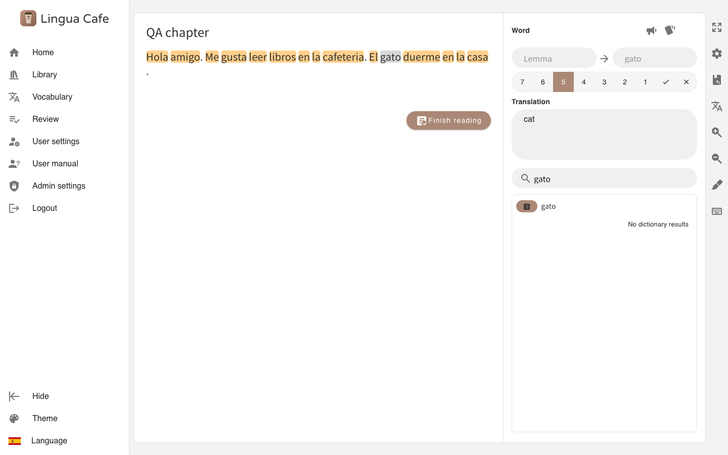 The LinguaCafe reader showing a text with a word saved to the vocabulary list.