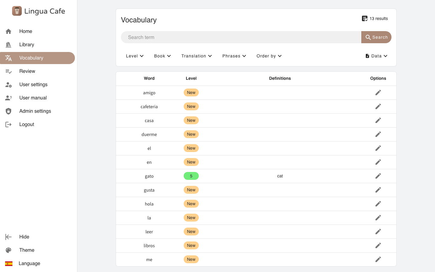 The LinguaCafe vocabulary list showing saved words.