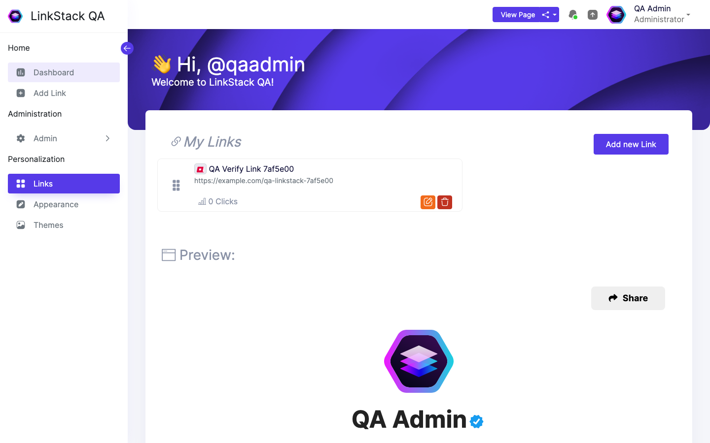 The LinkStack dashboard with a link in the My Links list and a live preview of the public page