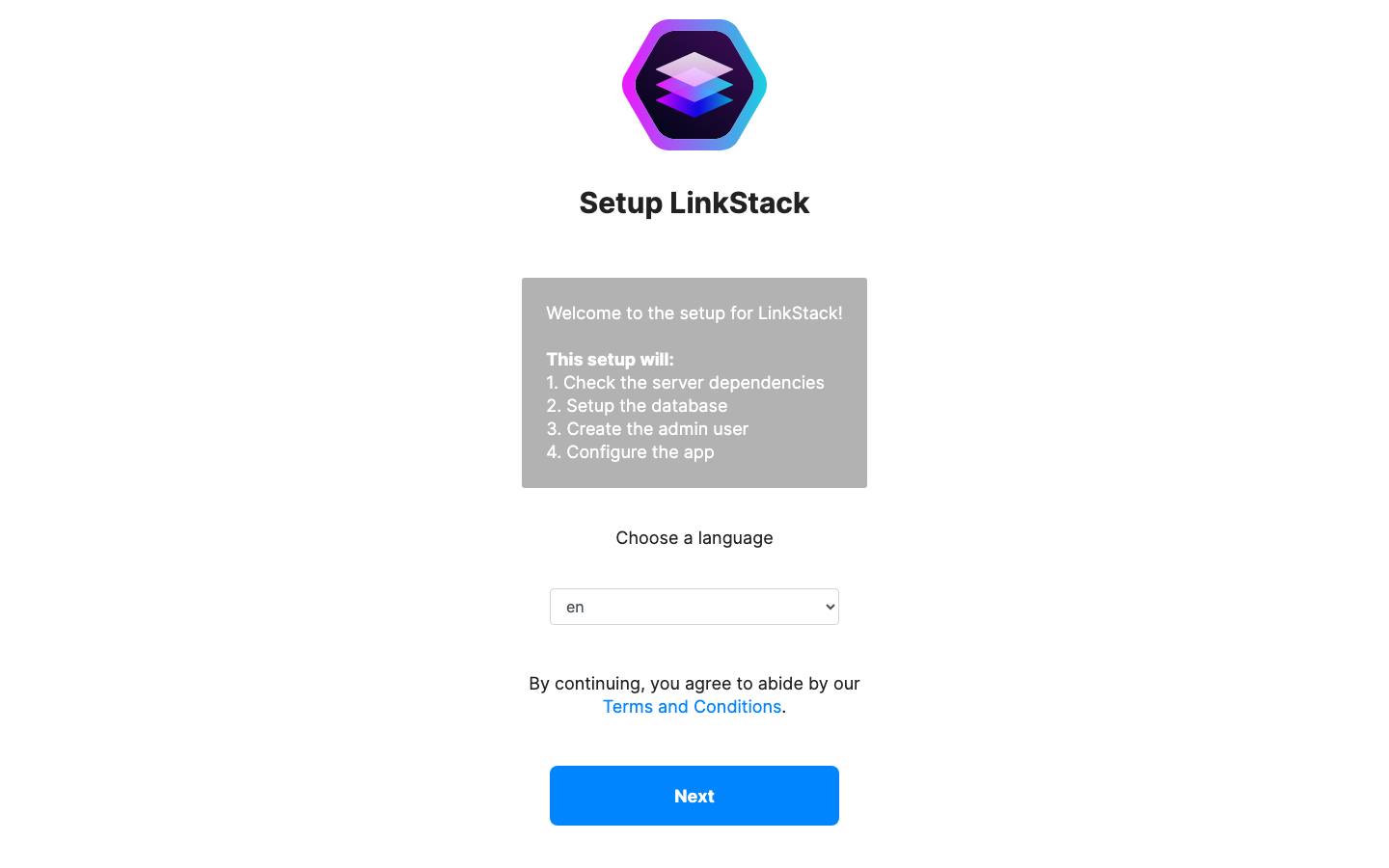 The LinkStack setup wizard listing its four steps: check dependencies, set up the database, create the admin user and configure the app