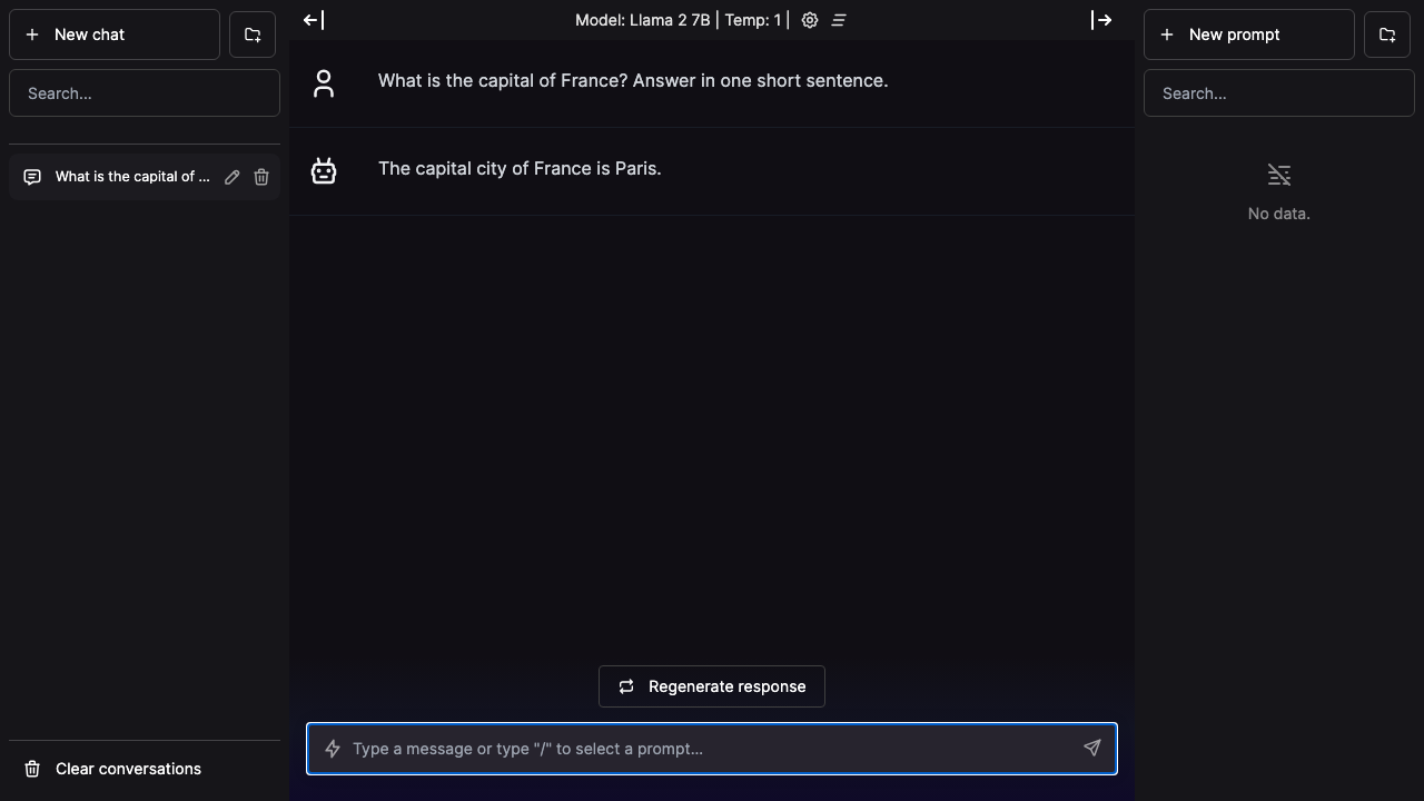 LlamaGPT chat interface showing the model's reply to a prompt