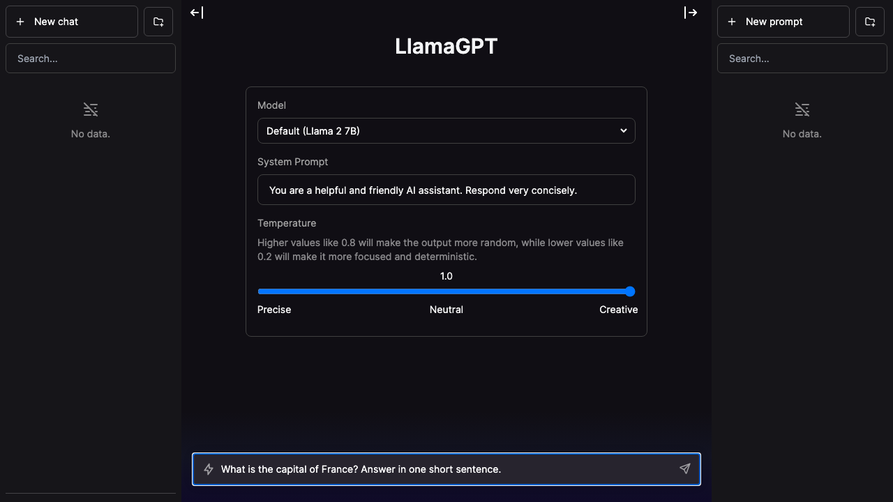 LlamaGPT chat interface with a prompt typed into the message box