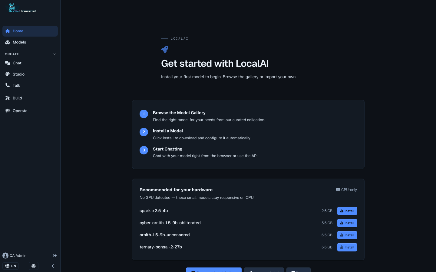 LocalAI's Get started page recommending CPU-only models from the gallery