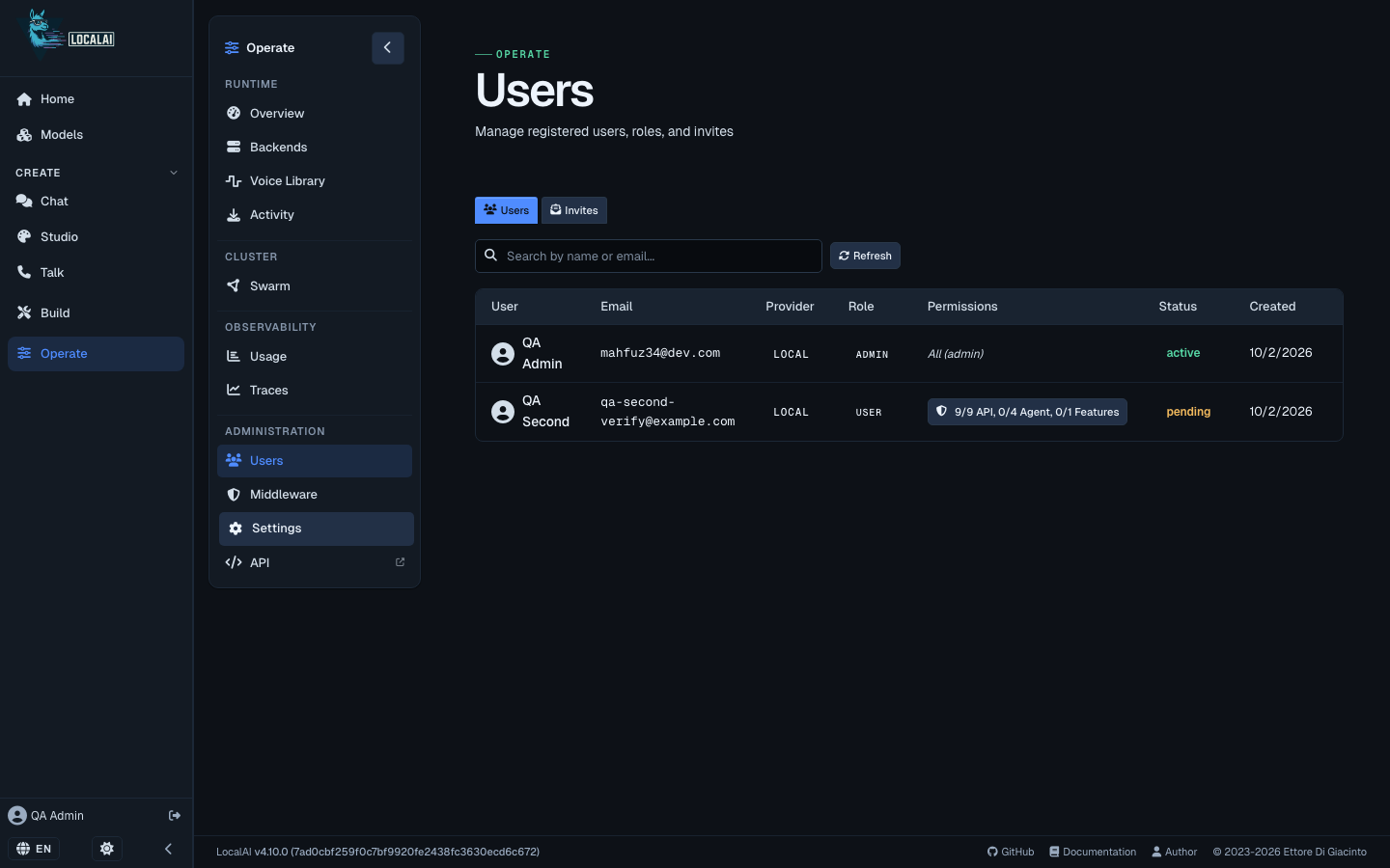 LocalAI's Operate Users page listing an active admin and a pending user