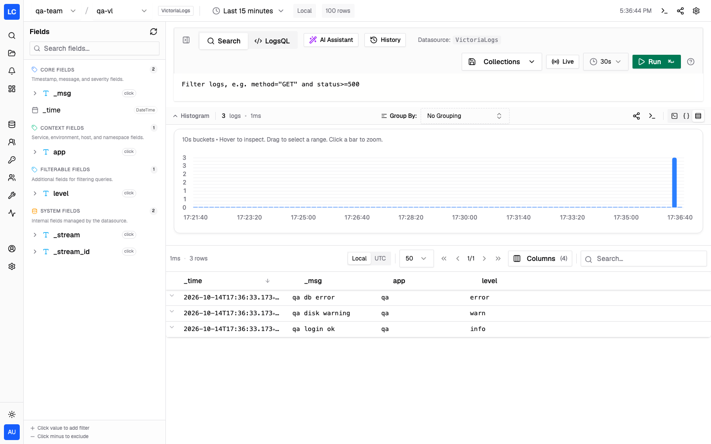 Logchef log explorer showing a histogram and a table of query results from a VictoriaLogs source