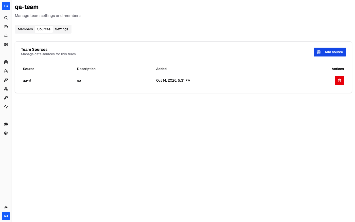Logchef team page with a VictoriaLogs source linked to the team