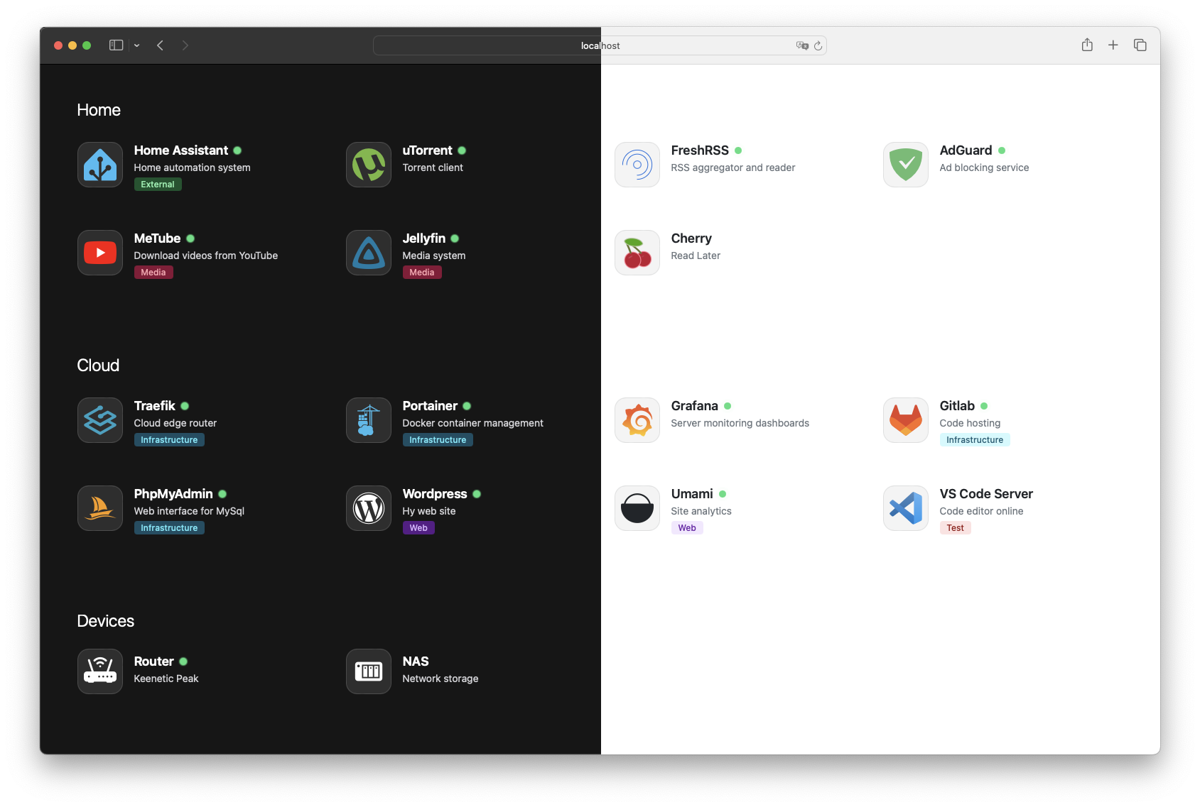 Mafl service cards grouped as Home, Cloud and Devices, shown side by side in its dark and light themes.