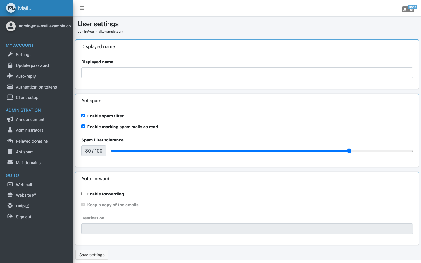 Mailu admin console dashboard