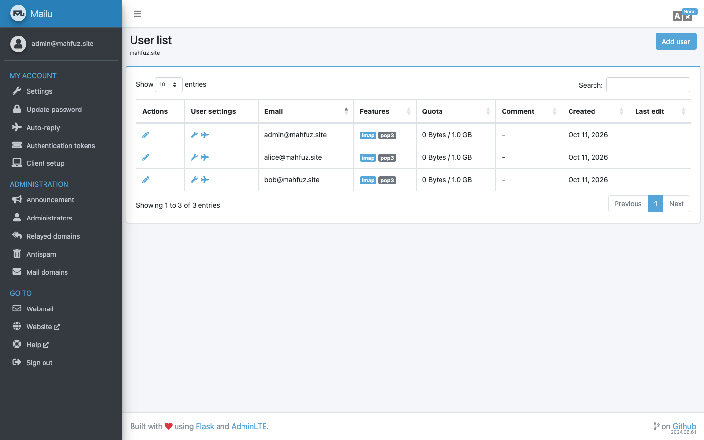Mailu admin console user list showing created mailboxes