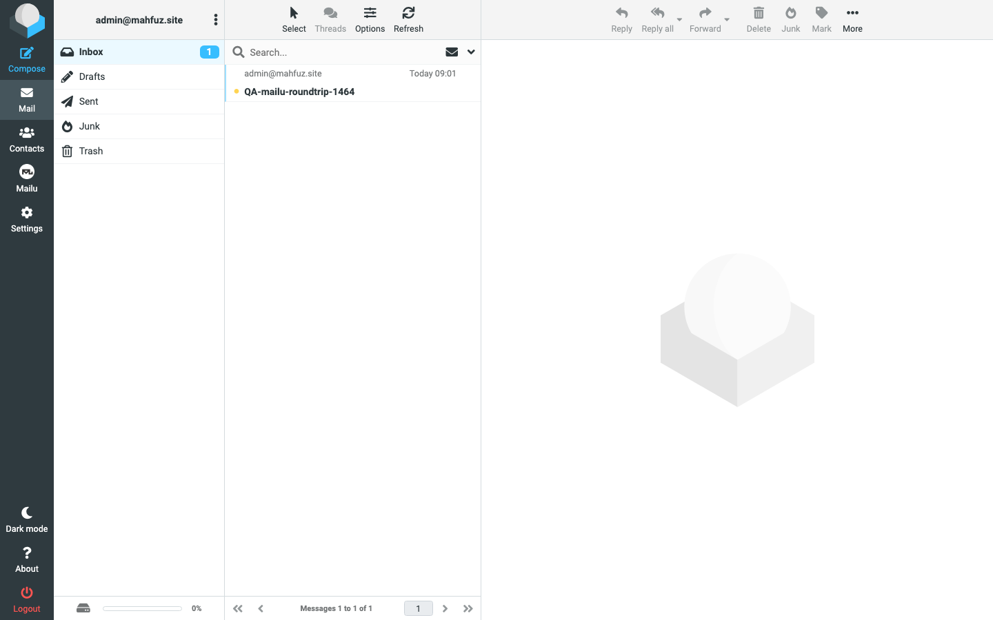 Mailu Roundcube webmail showing a sent message