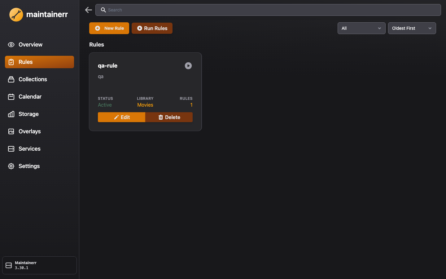 Maintainerr rules page showing the cleanup rules list