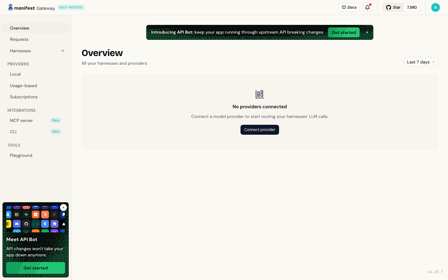 Manifest dashboard after signing in as the administrator