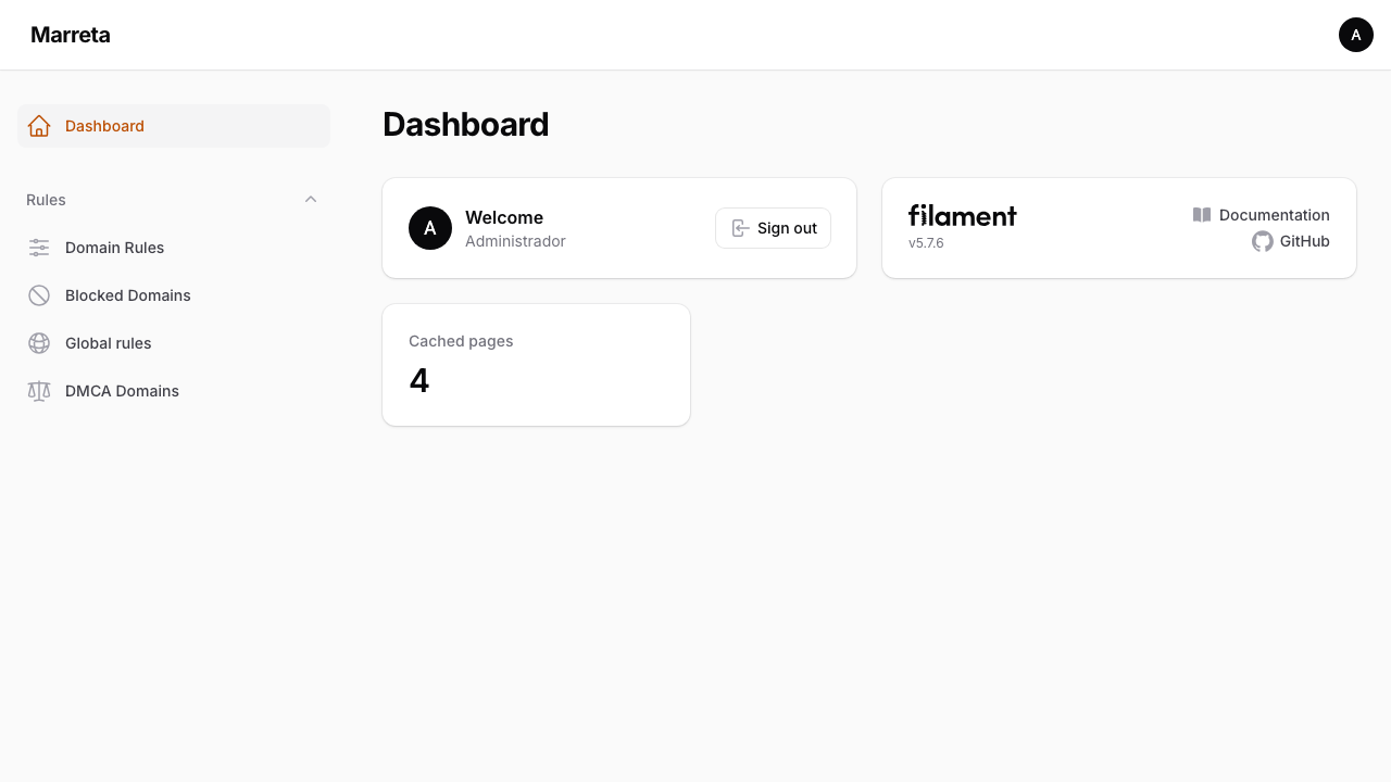 Marreta admin dashboard for managing domain rules and blocked domains