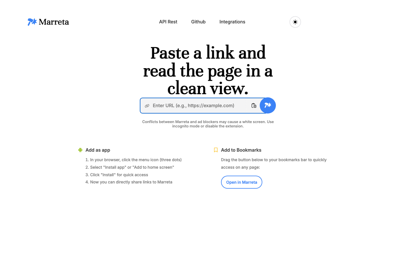 Marreta home page with the field for pasting an article link