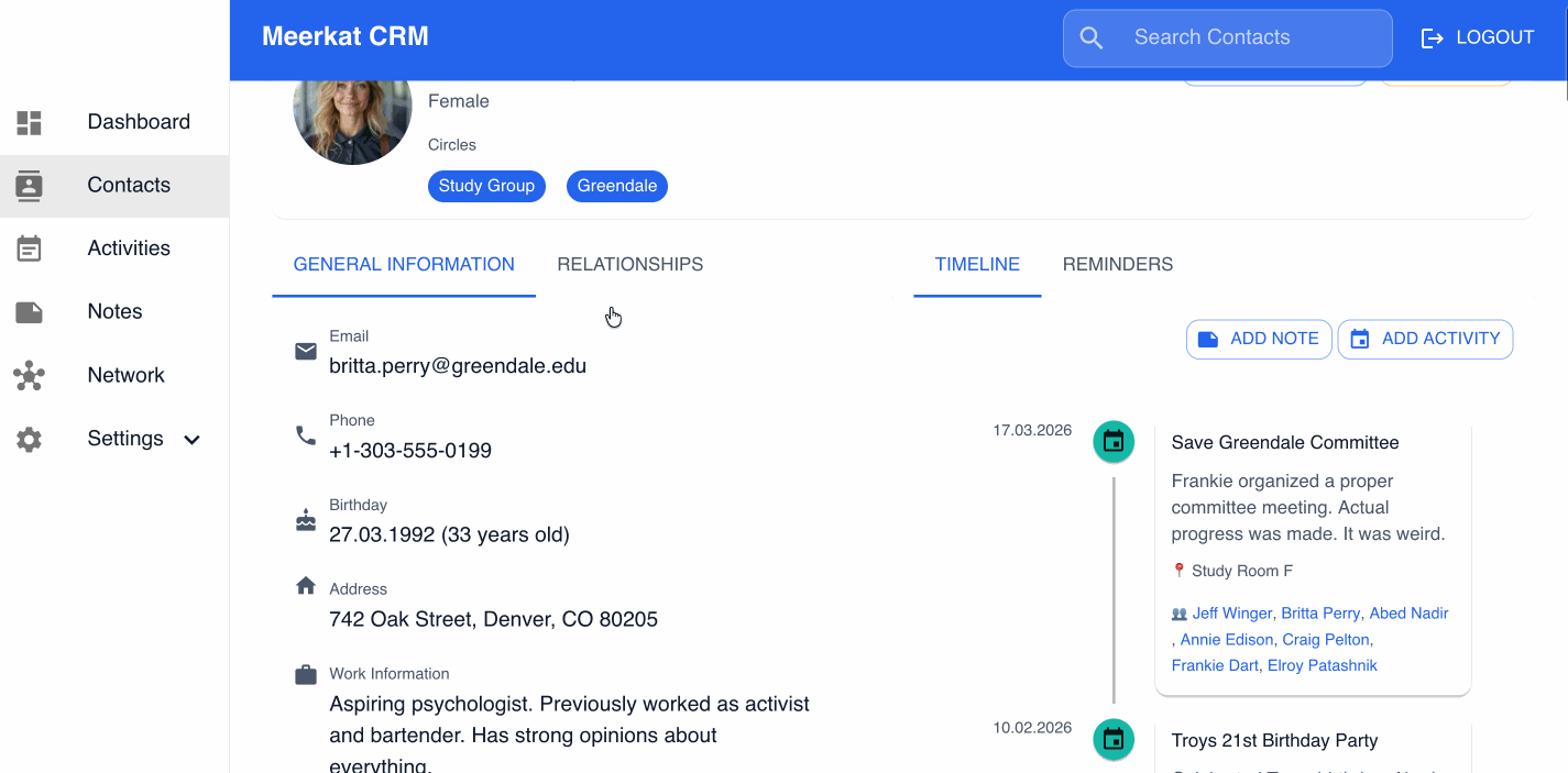A Meerkat CRM contact page with general information and a timeline of notes and activities