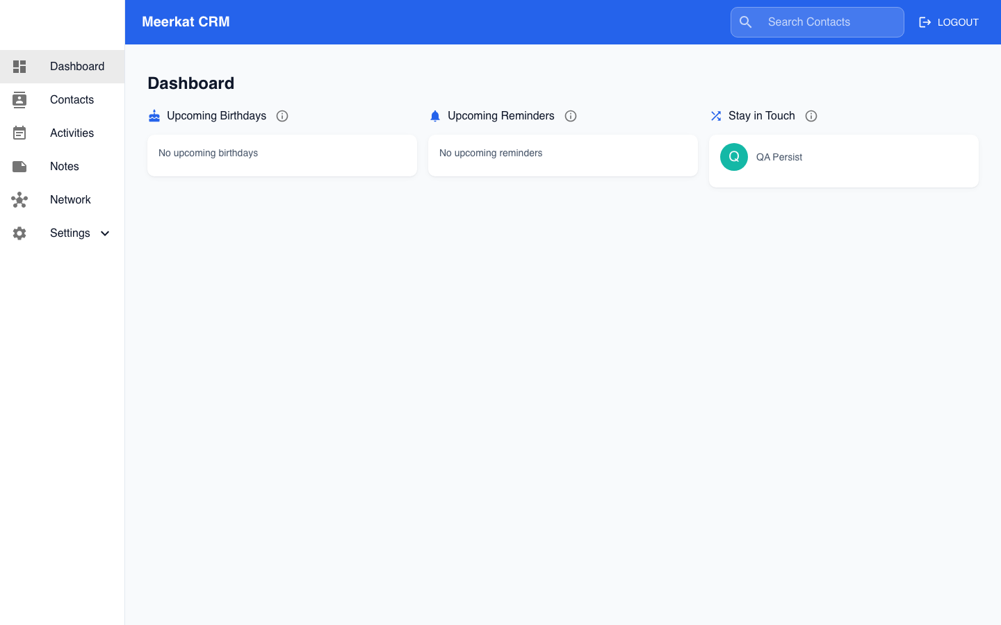 Meerkat CRM contacts list showing contacts with their circles