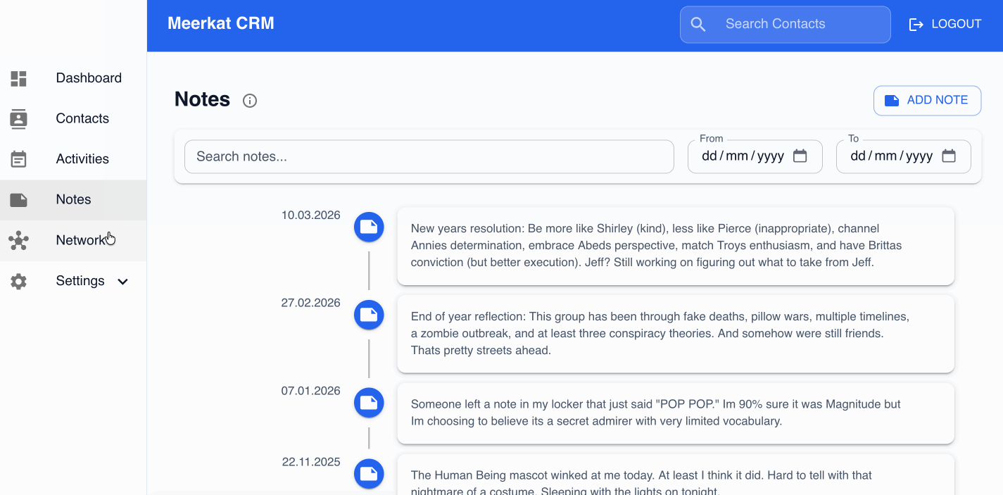 The Meerkat CRM Notes page showing a dated timeline of notes