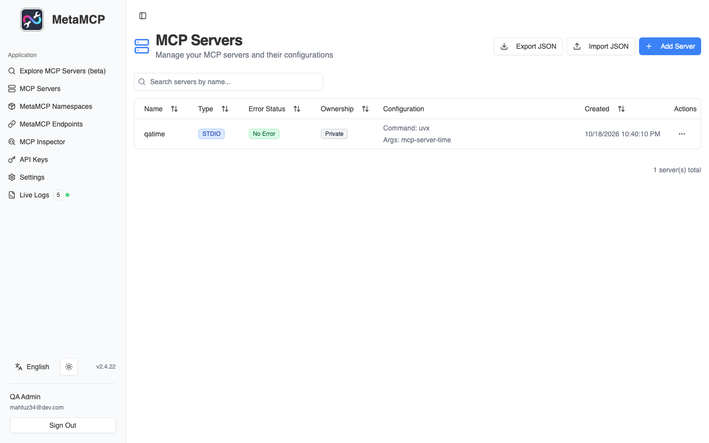 The MetaMCP MCP Servers page listing a STDIO server that runs through uvx