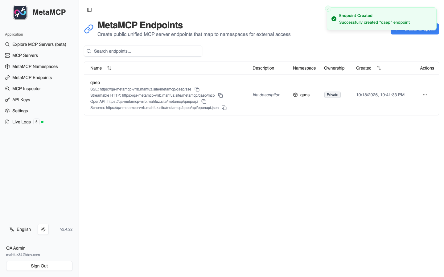 A MetaMCP endpoint with its SSE, Streamable HTTP and OpenAPI URLs