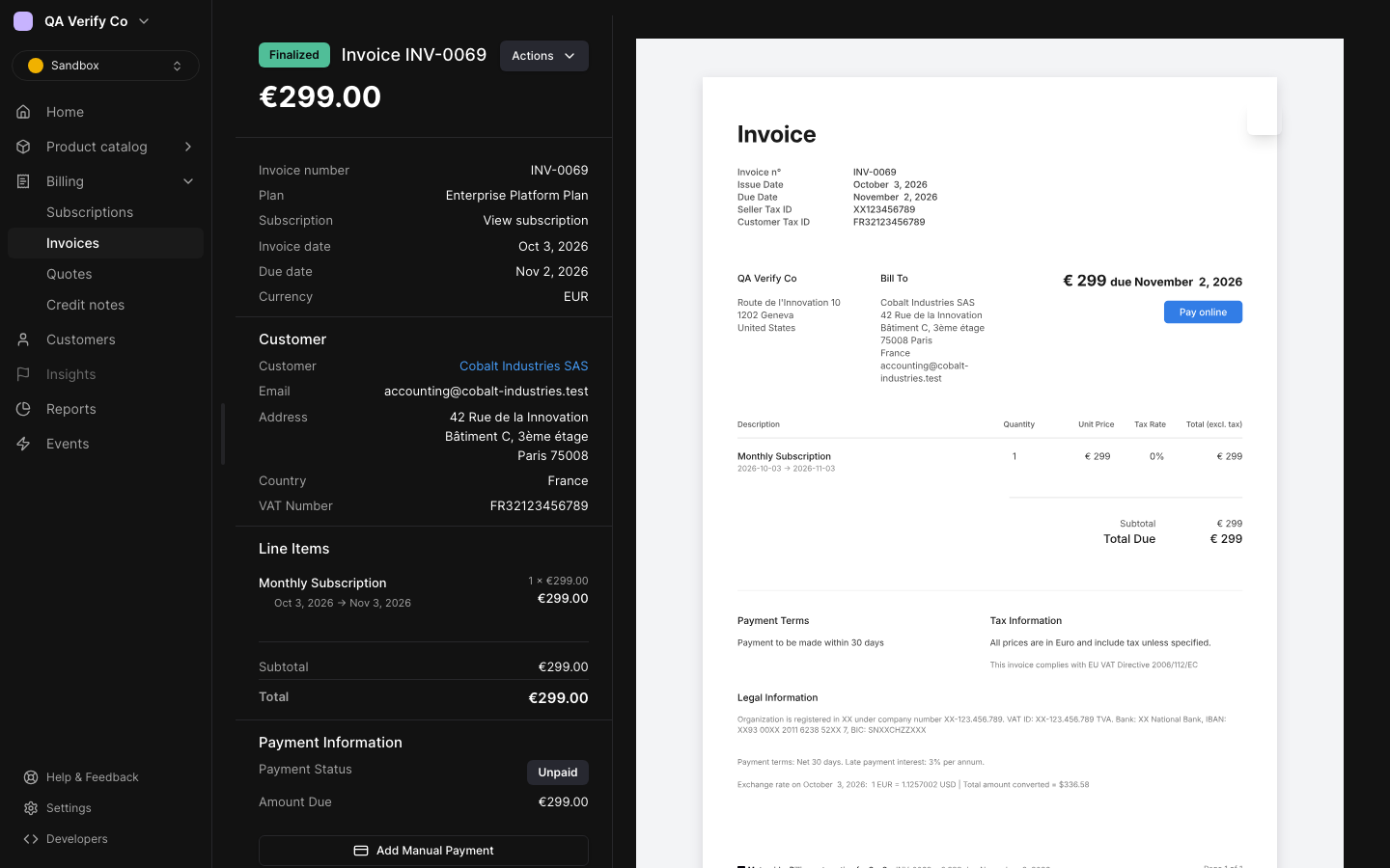 An invoice in the Meteroid web app