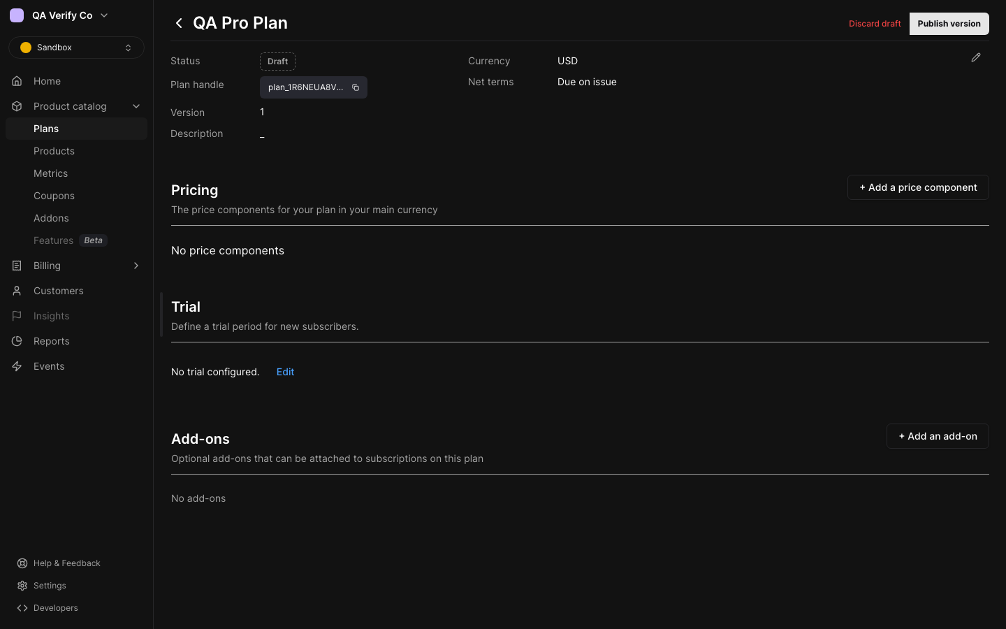 A pricing plan in the Meteroid web app