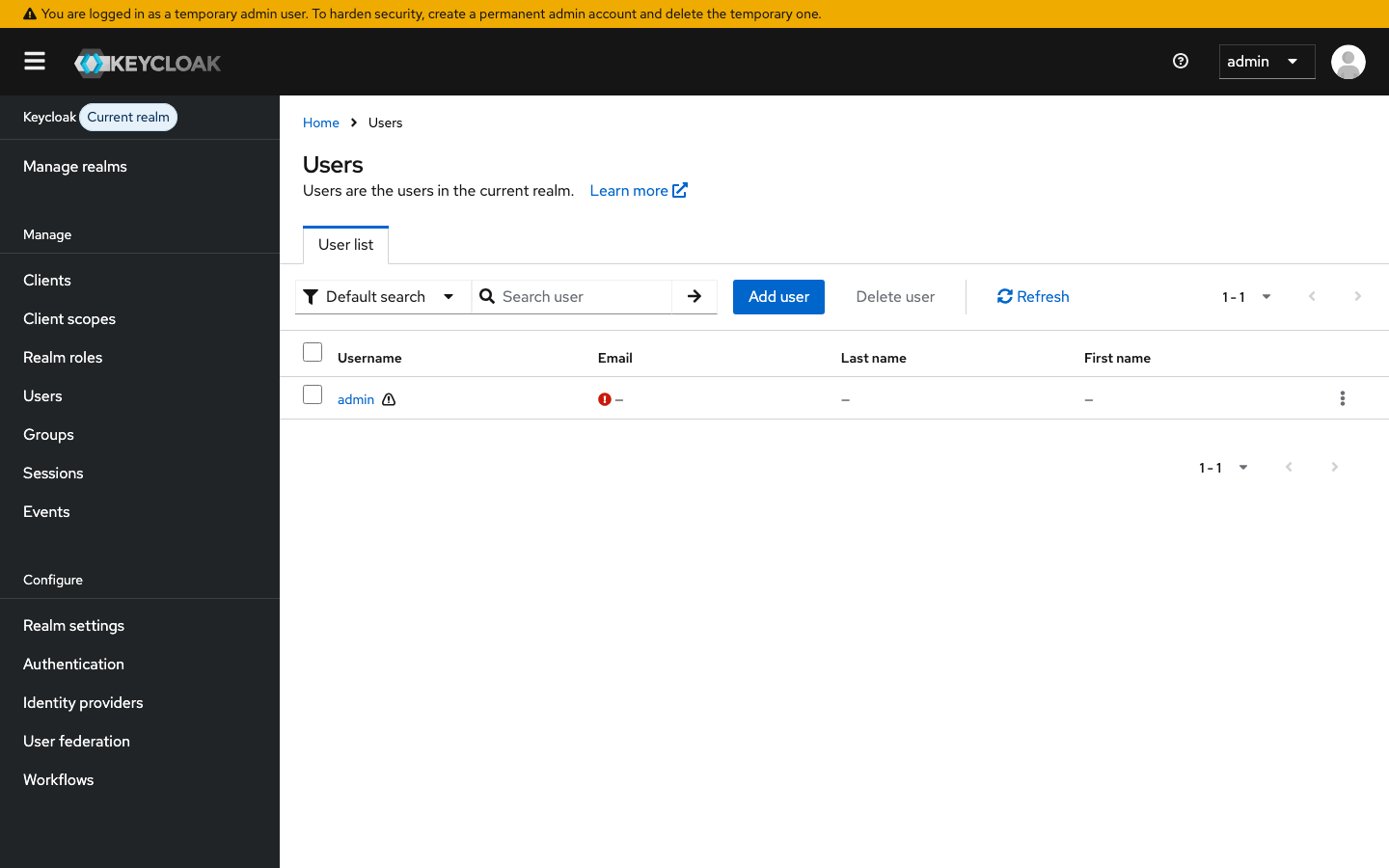 Keycloak admin console showing users in the microcks realm