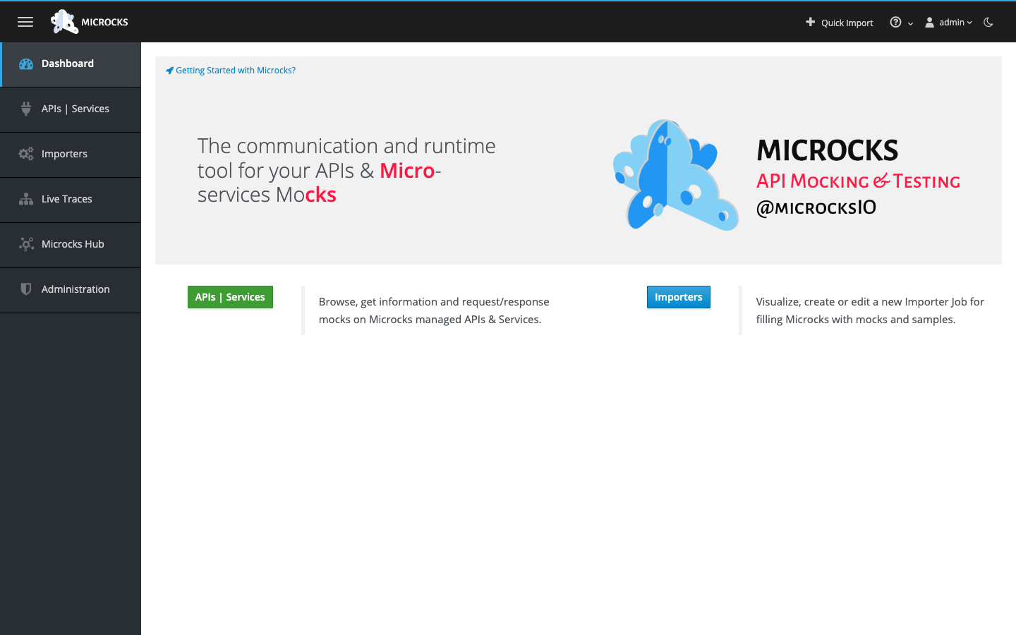 Microcks dashboard after signing in as admin