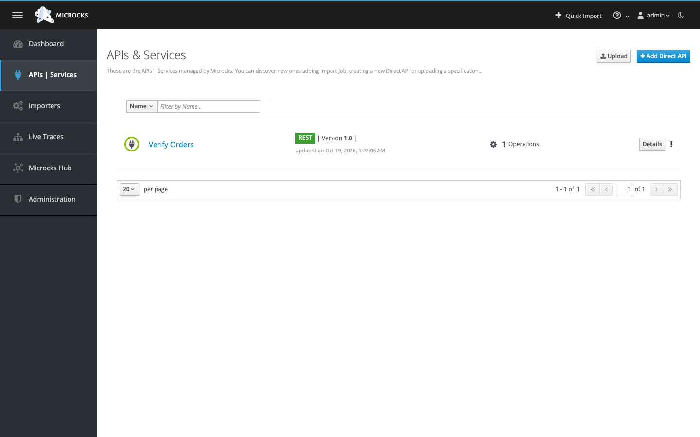An imported REST API listed in Microcks APIs and Services