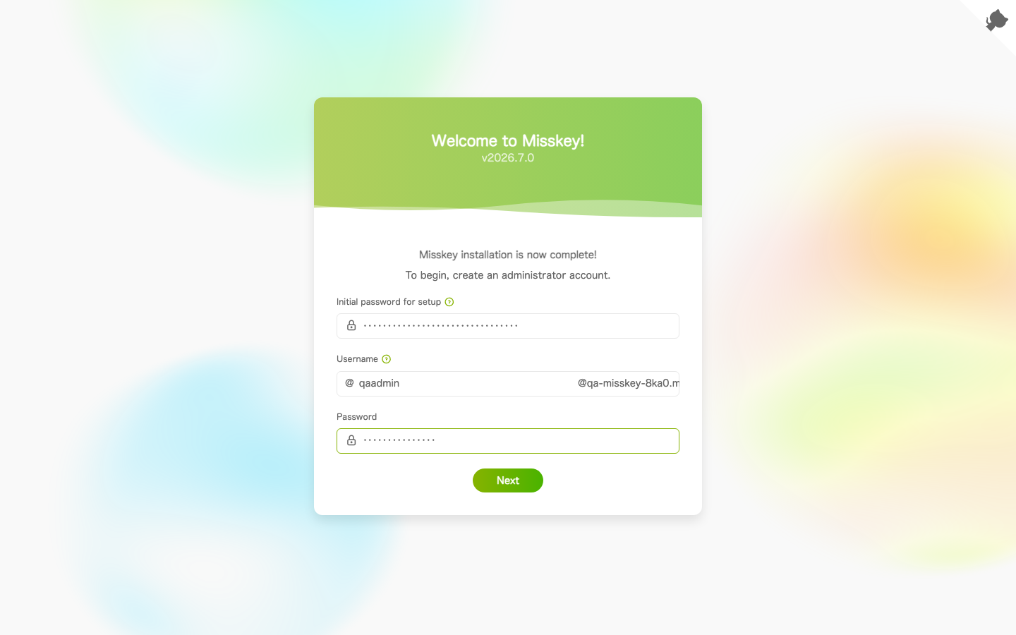 Misskey's first-run setup page asking for the initial setup password and the administrator username and password