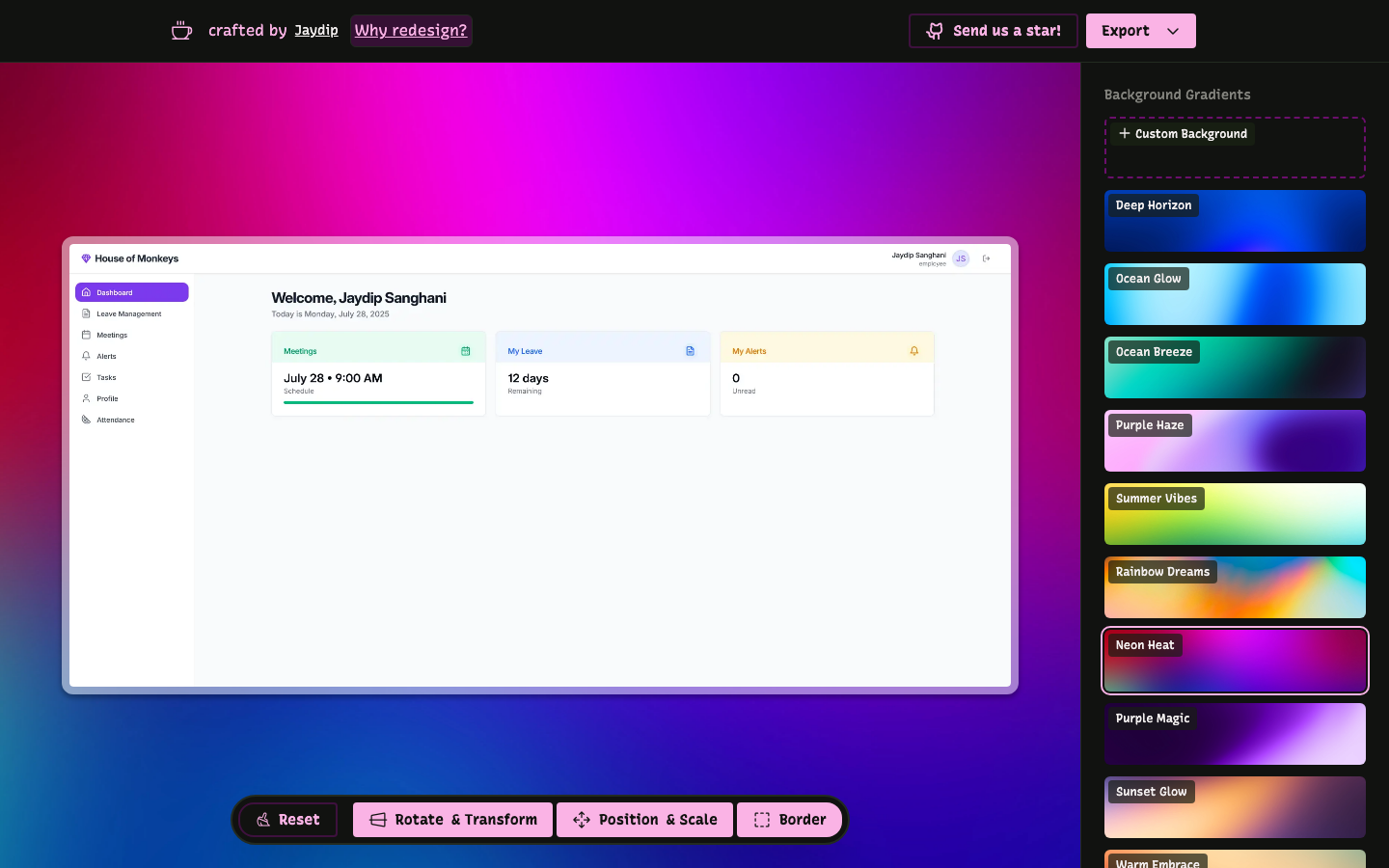 The Moocup editor with a screenshot placed in a styled frame