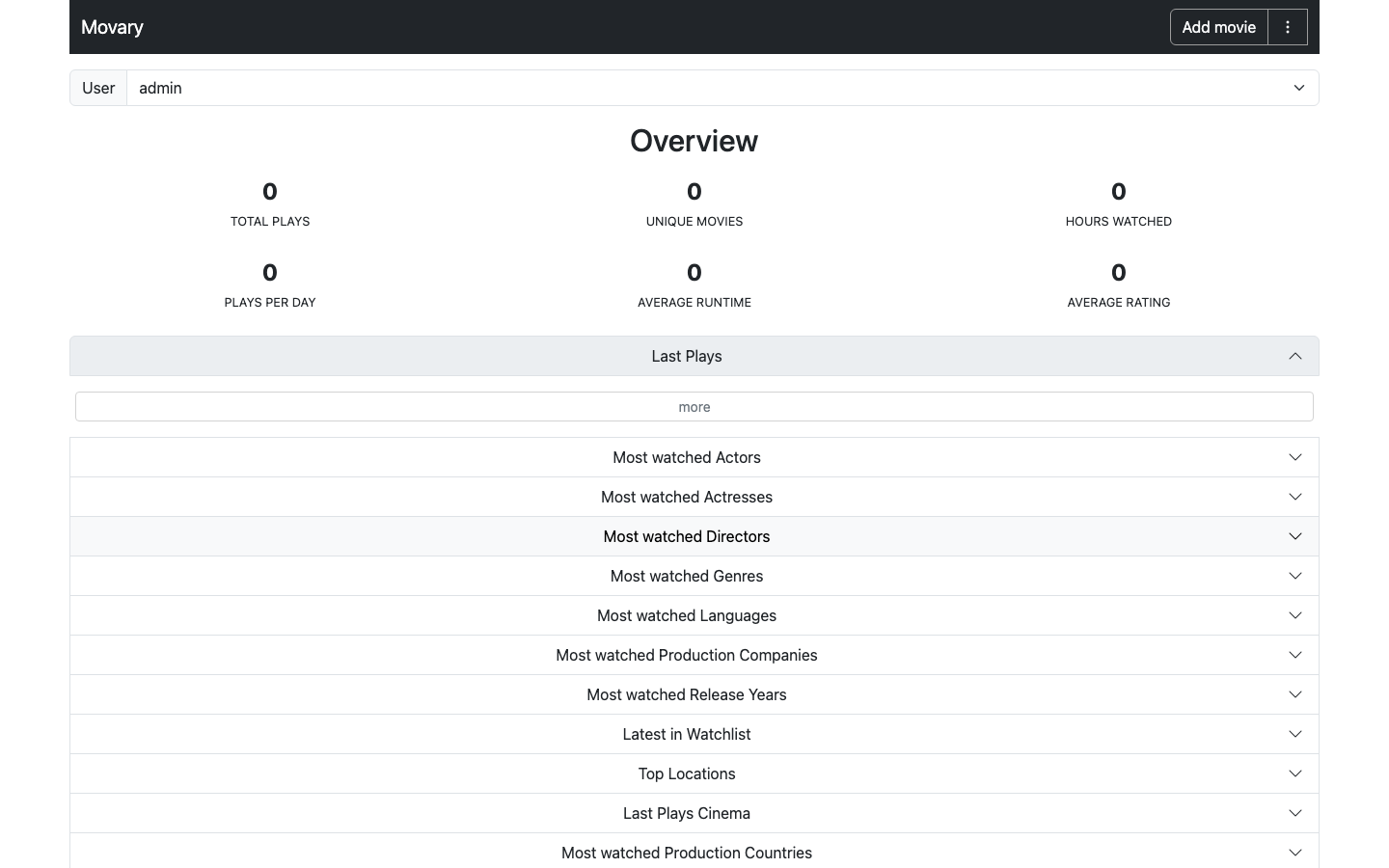 Movary's signed-in overview showing total plays, unique movies, hours watched and collapsible most-watched sections