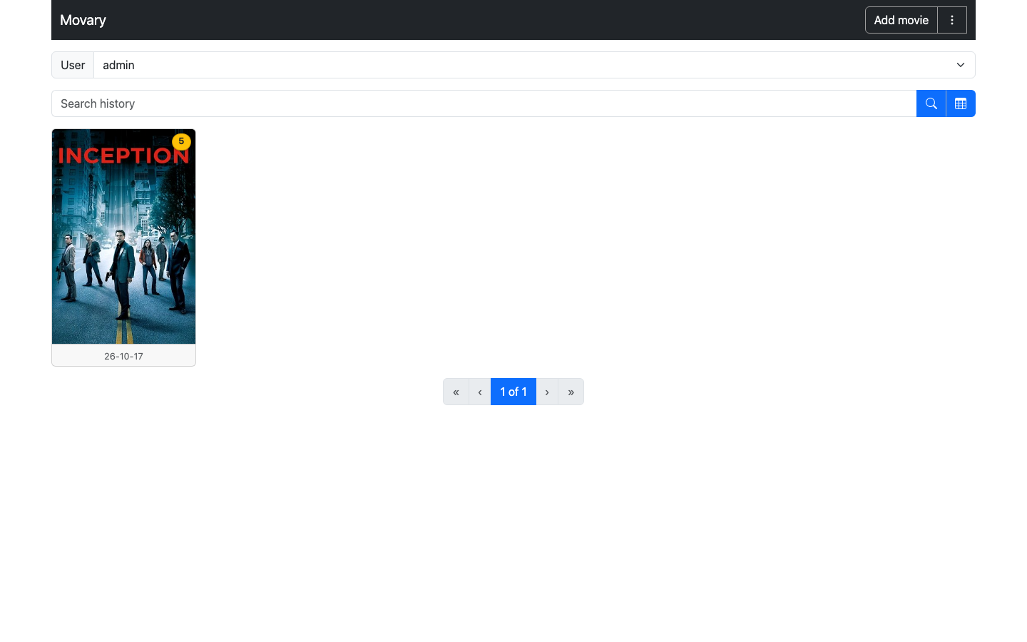 Movary's watch history page with a searchable poster grid showing one logged film with its rating and date