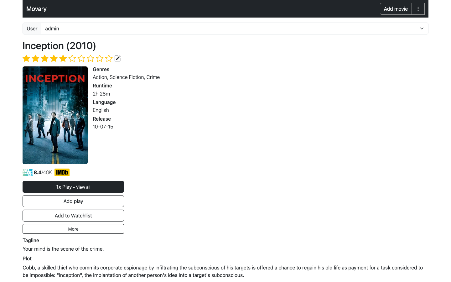 Movary's page for a logged film, with its details and the recorded watch