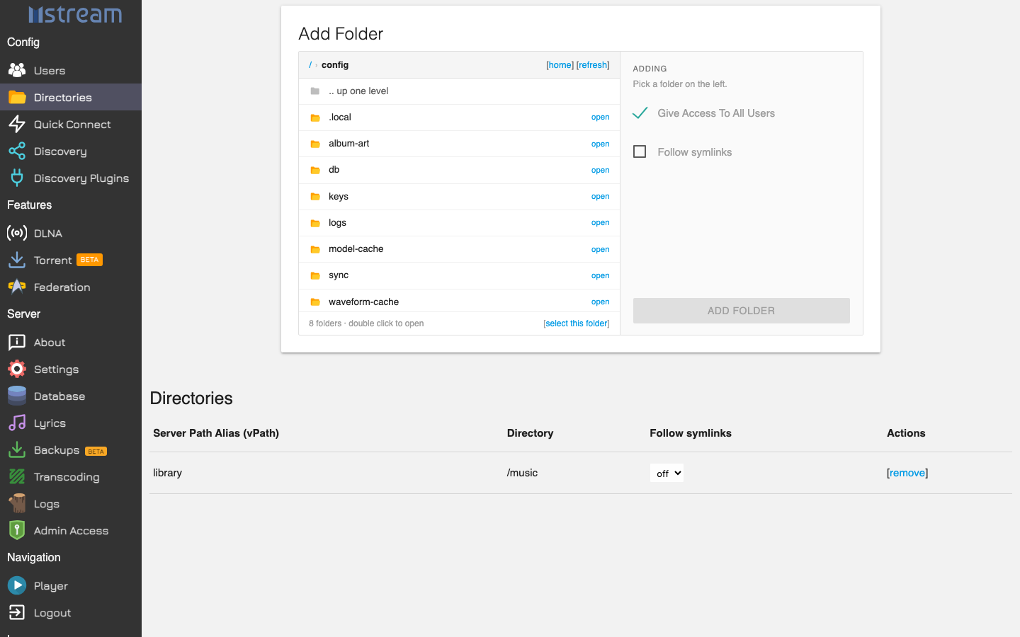 The mStream admin panel