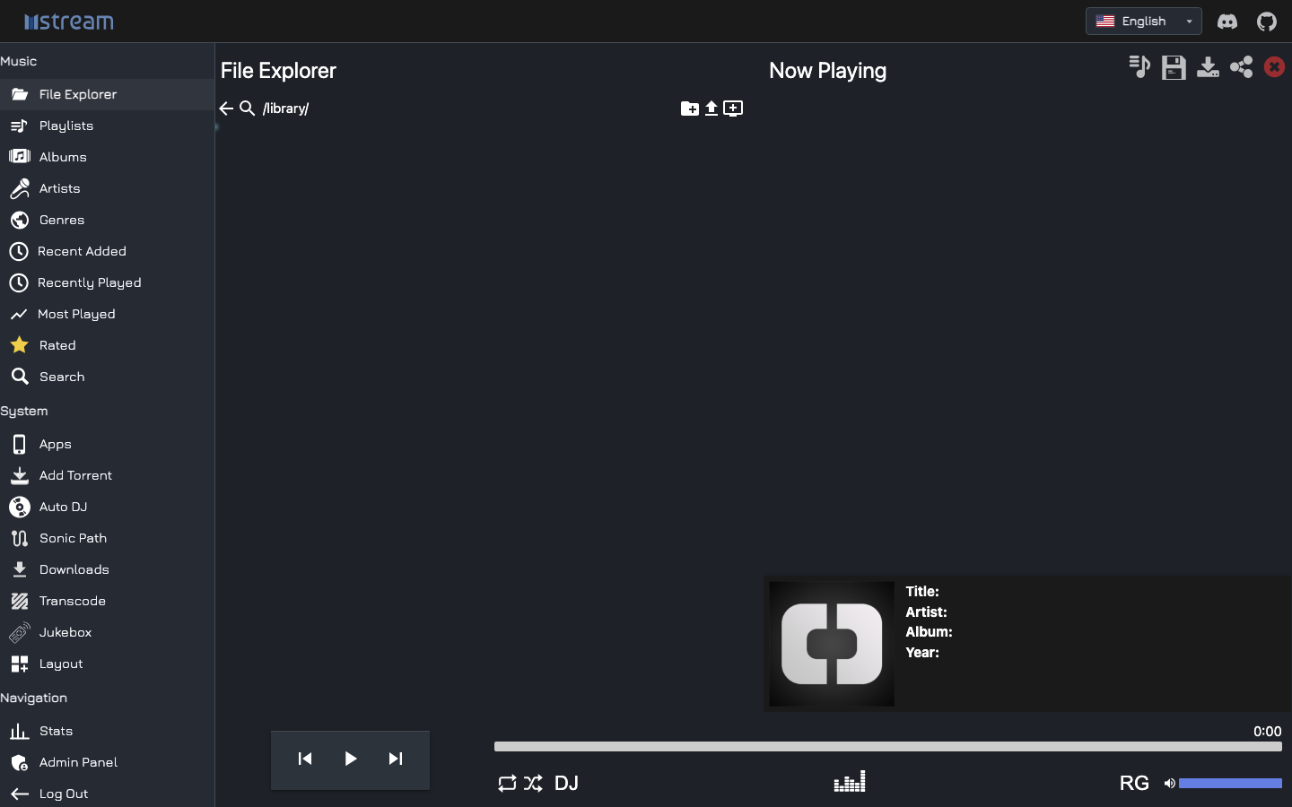 The mStream web player signed in as the administrator