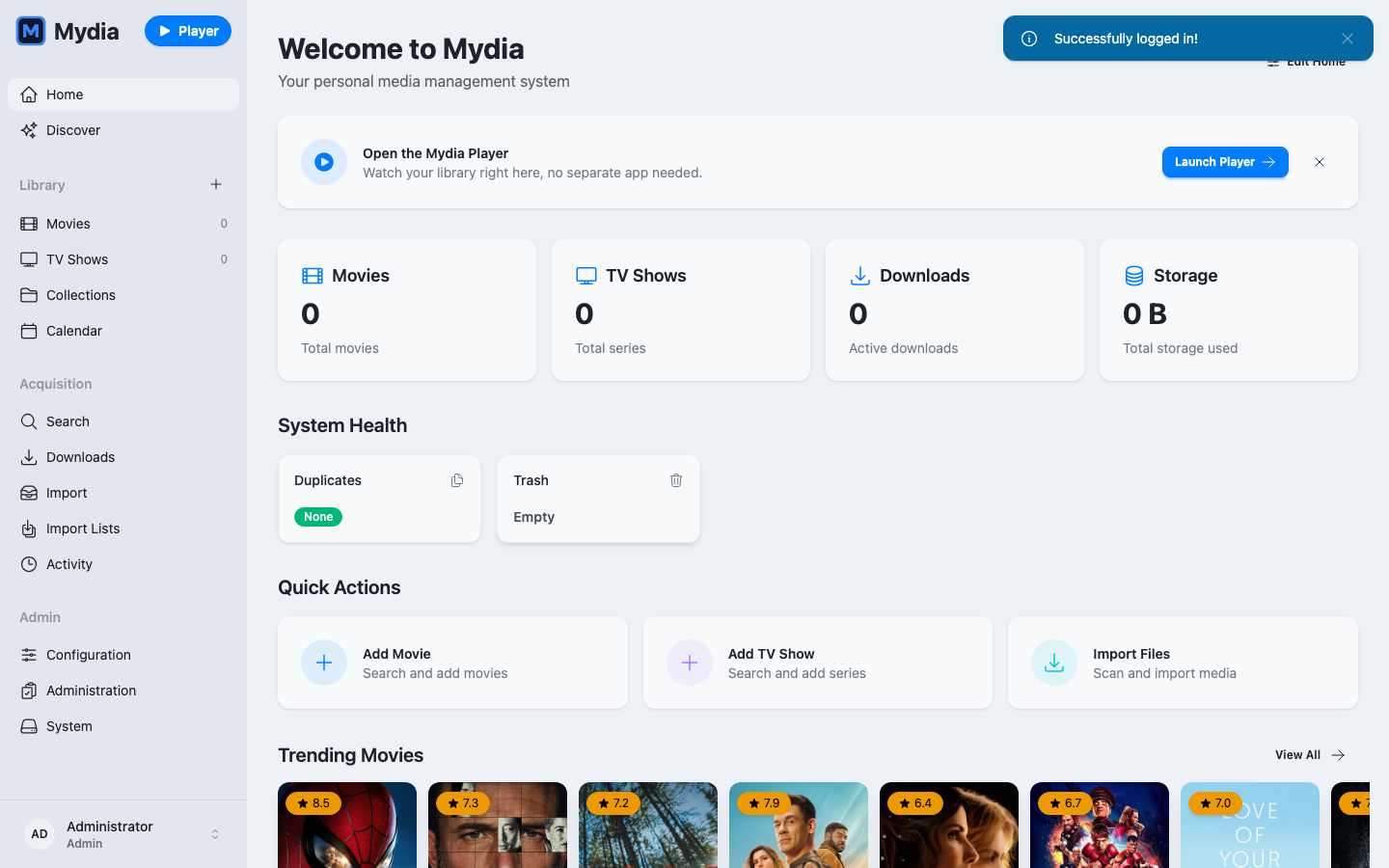 Mydia dashboard after signing in as the administrator