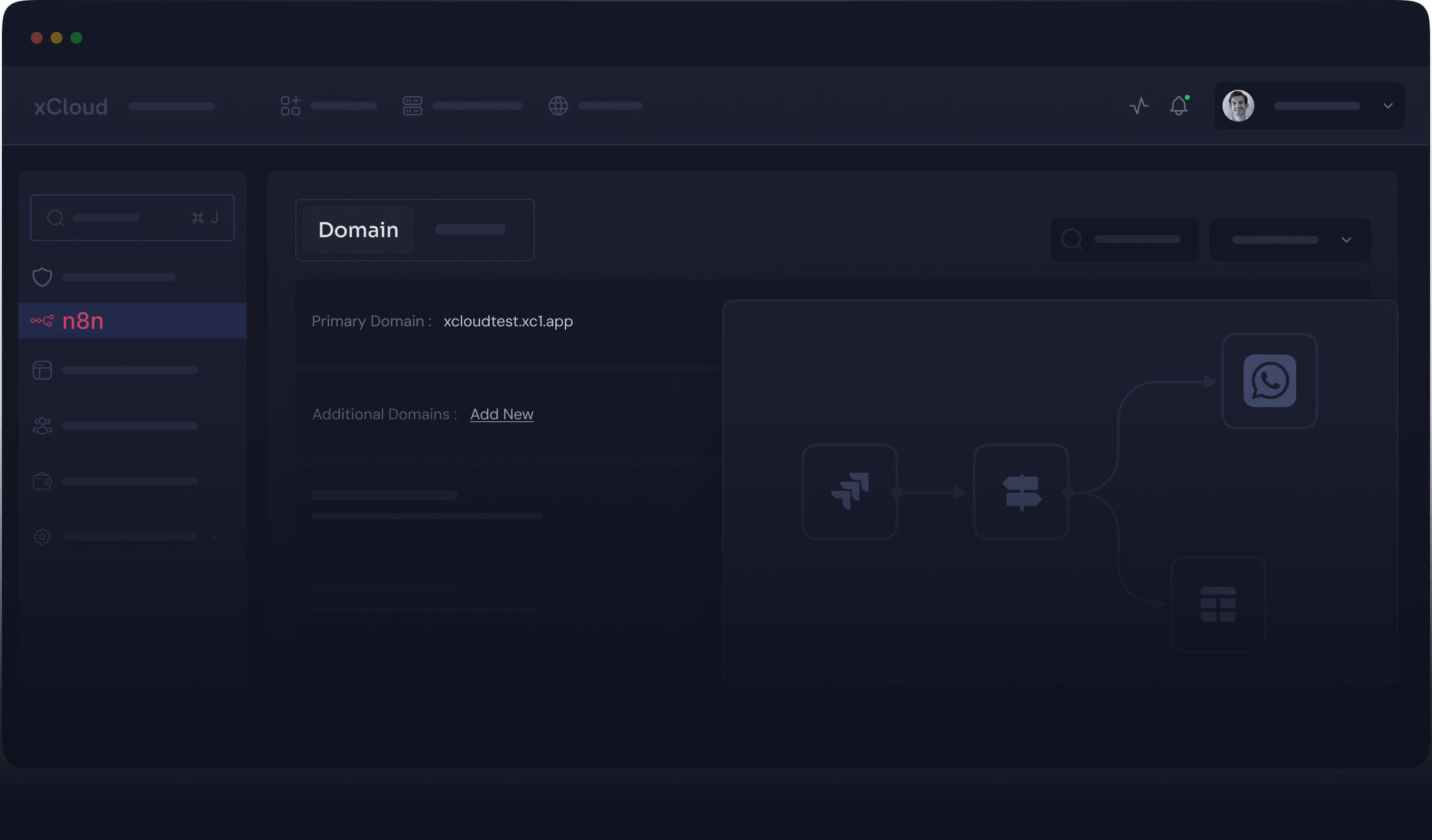 The xCloud dashboard with n8n selected, its domain panel and a workflow