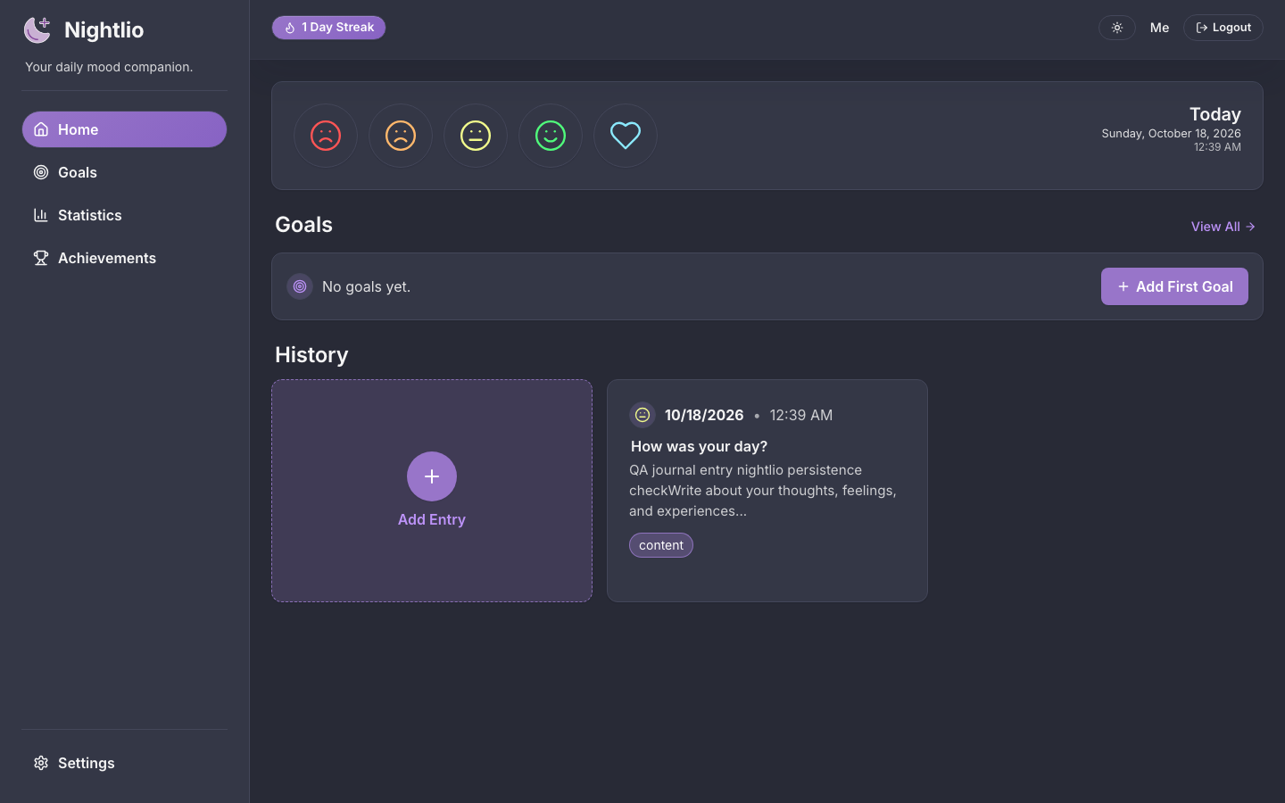 Nightlio home screen after saving a journal entry, showing a history card tagged with a mood and a one-day streak