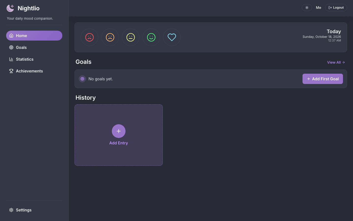 Nightlio home screen with five mood buttons, a goals panel and an empty history