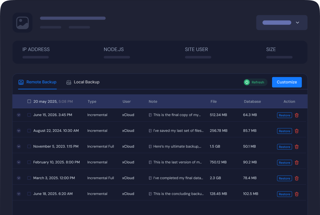 Local and remote backups with a restore action