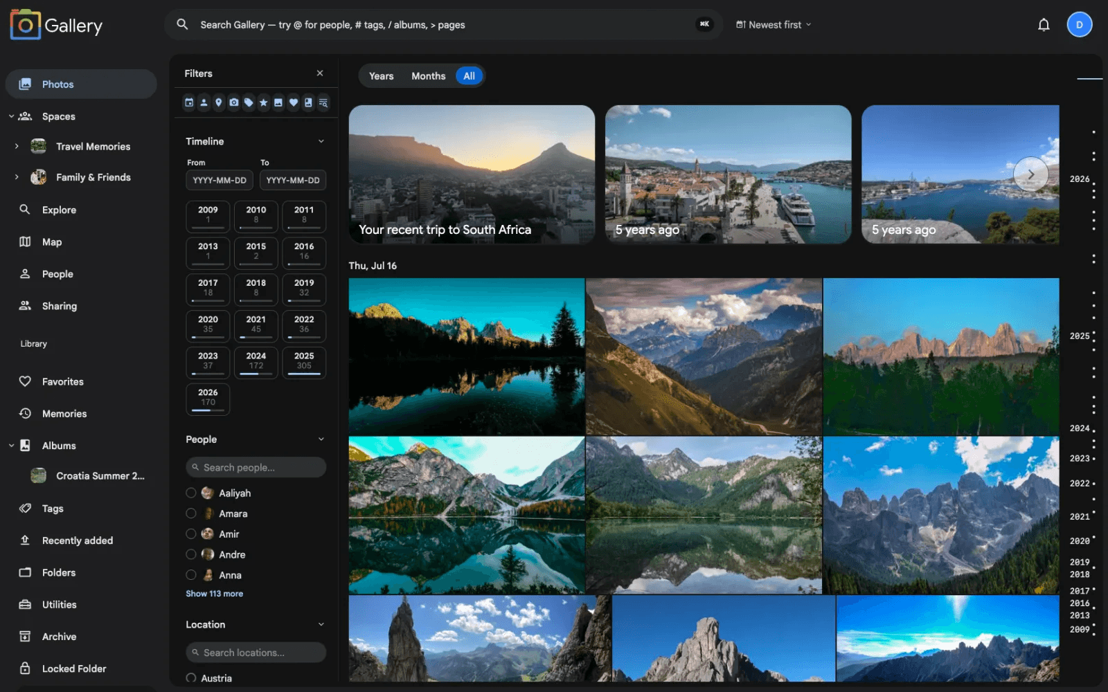 The Noodle Gallery photo timeline with Shared Spaces in the sidebar and generated trip memories across the top