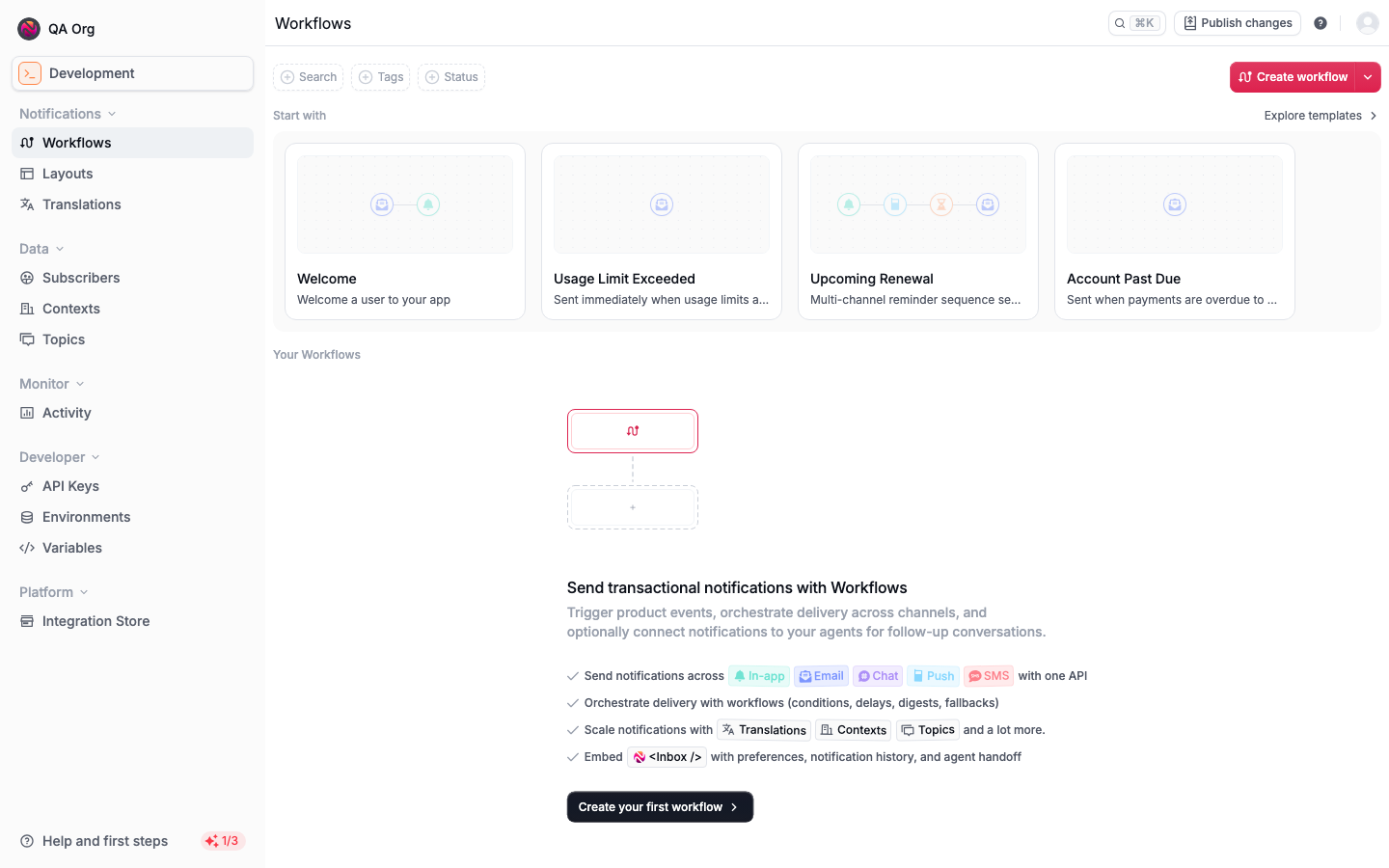 Novu dashboard after the first account is created on a fresh install